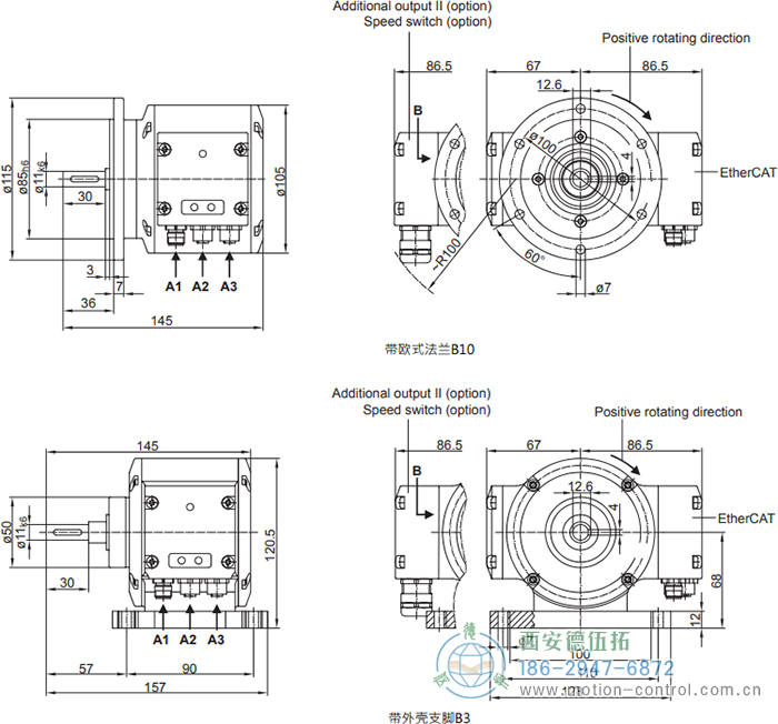 PMG10 - EtherCAT絕對(duì)值重載編碼器外形及安裝尺寸(?11 mm實(shí)心軸，帶歐式法蘭B10或外殼支腳 (B3)) - 西安德伍拓自動(dòng)化傳動(dòng)系統(tǒng)有限公司